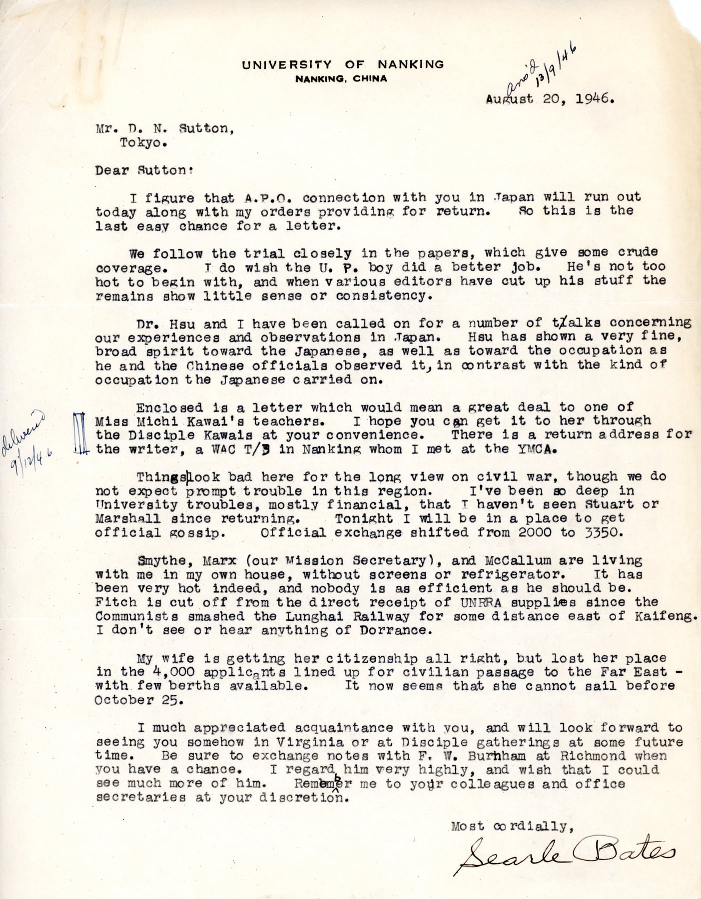 A 1946 letter related to the Sutton files and the University of Nanking.